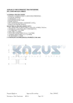 TS075-06 datasheet - 10 BASE-T SMD ETHERNET TRANSFORMER