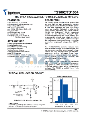 TS1004 datasheet - THE ONLY 0.8V/0.6uA RAIL-TO-RAIL DUAL/QUAD OP AMPS