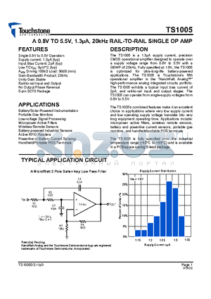 TS1005IJ5T datasheet - A 0.8V TO 5.5V, 1.3uA, 20kHz RAIL-TO-RAIL SINGLE OP AMP