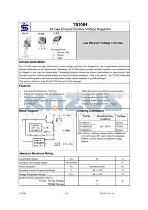 TS1084 datasheet - 5A Low Dropout Positive Voltage Regulator