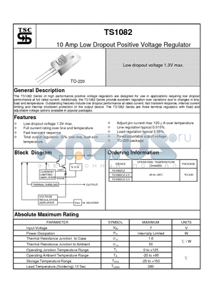 TS1082 datasheet - 10 Amp Low Dropout Positive Voltage Regulator