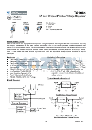 TS1084CZXXC0 datasheet - 5A Low Dropout Positive Voltage Regulator