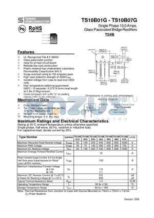 TS10B04G datasheet - Single Phase 10.0 Amps. Glass Passivated Bridge Rectifiers