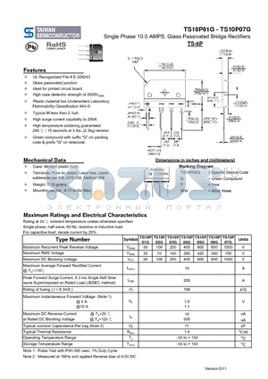 TS10P05G datasheet - Single Phase 10.0 AMPS. Glass Passivated Bridge Rectifiers