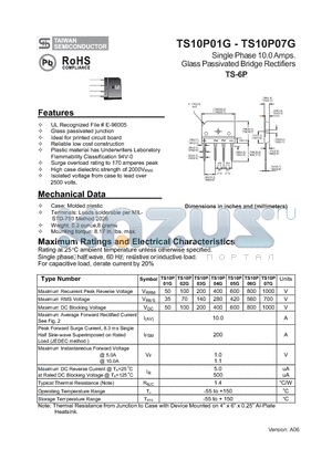 TS10P06G datasheet - Single Phase 10.0 Amps. Glass Passivated Bridge Rectifiers