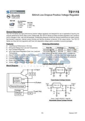 TS1115ACYRM datasheet - 500mA Low Dropout Positive Voltage Regulator