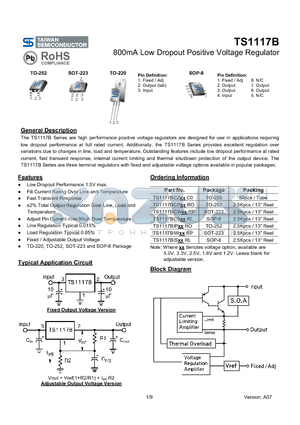 TS1117BCPXXRO datasheet - 800mA Low Dropout Positive Voltage Regulator