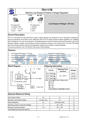 TS1117BCS datasheet - 800mA Low Dropout Positive Voltage Regulator