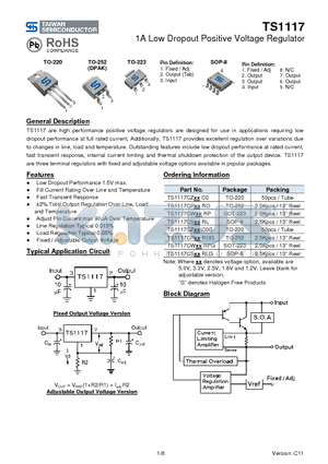 TS1117CSRLG datasheet - 1A Low Dropout Positive Voltage Regulator