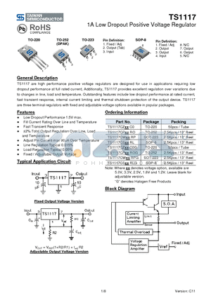 TS1117CZC0G datasheet - 1A Low Dropout Positive Voltage Regulator