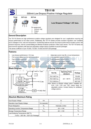 TS1118CY datasheet - 500mA Low Dropout Positive Voltage Regulator