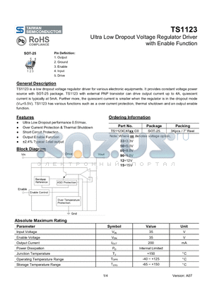 TS1123 datasheet - Ultra Low Dropout Voltage Regulator Driver with Enable Function