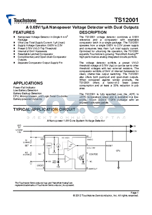 TS12001 datasheet - A 0.65V/1lA Nanopower Voltage Detector with Dual Outputs