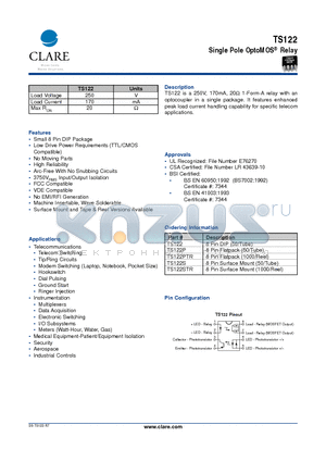 TS122PTR datasheet - Single Pole OptoMOS Relay