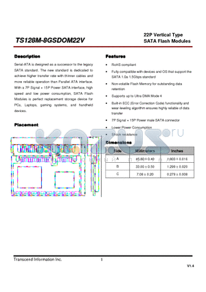TS128MSDOM22V datasheet - 22P Vertical Type SATA Flash Modules