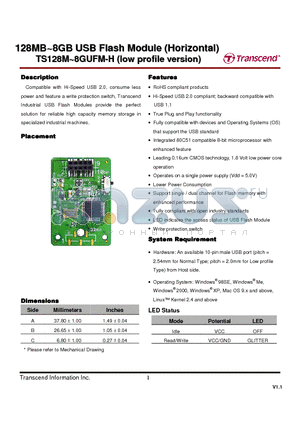 TS128MUFM-H datasheet - 128MB~8GB USB Flash Module