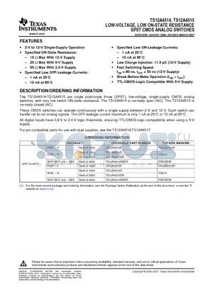 TS12A4514 datasheet - LOW-VOLTAGE, LOW ON-STATE RESISTANCE SPST CMOS ANALOG SWITCHES