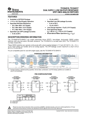 TS12A4516 datasheet - DUAL SUPPLY, LOW ON-STATE RESISTANCE SPST CMOS ANALOG SWITCHES