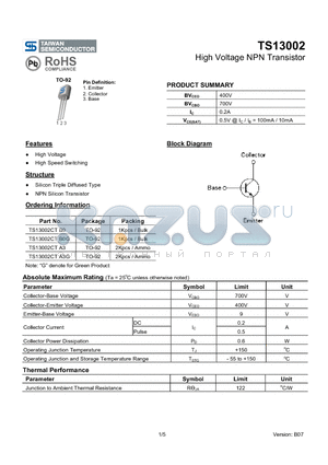 TS13002 datasheet - High Voltage NPN Transistor