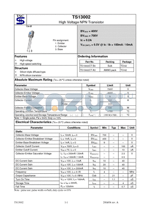 TS13002CTA3 datasheet - High Voltage NPN Transistor