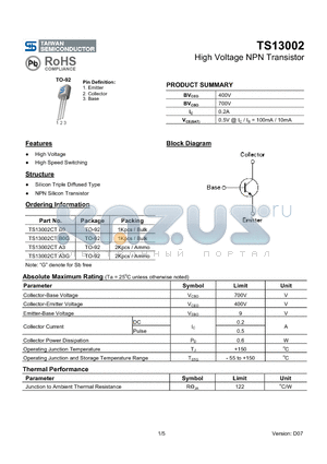 TS13002CTA3 datasheet - High Voltage NPN Transistor