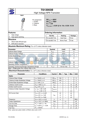 TS13003B datasheet - High Voltage NPN Transistor