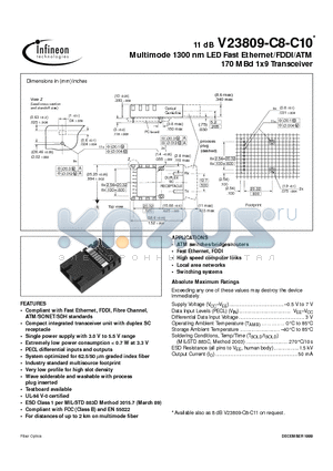 V23809-C8-C10 datasheet - Multimode 1300 nm LED Fast Ethernet/FDDI/ATM 170 MBd 1x9 Transceiver