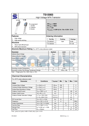 TS13003CK datasheet - High Voltage NPN Transistor