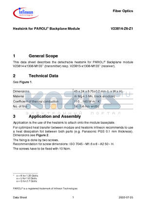 V23814-Z6-Z1 datasheet - Heatsink for PAROLI Backplane Module