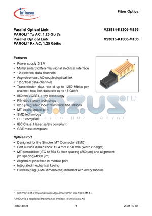 V23815-K1306-M136 datasheet - PAROLI Tx AC, 1.25 Gbit/s