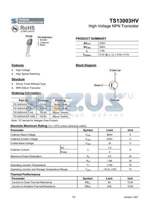 TS13003HVCTB0G datasheet - High Voltage NPN Transistor