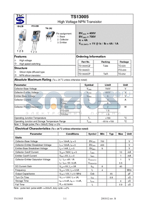TS13005 datasheet - High Voltage NPN Transistor