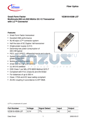 V23818-H308-L57 datasheet - Small Form Factor Multimode 850 nm 622 Mbit/s OC-12 Transceiver with LC Connector