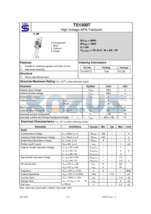 TS13007CZ datasheet - High Voltage NPN Transistor