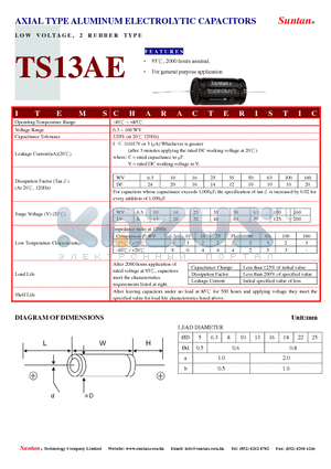 TS13AE datasheet - AXIAL TYPE ALUMINUM ELECTROLYTIC CAPACITORS