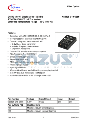 V23826-C18-C366 datasheet - DC/DC (3.3 V) Single Mode 155 MBd ATM/SDH/SONET 1x9 Transceiver Extended Temperature Range