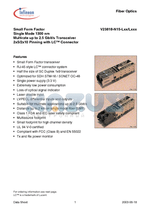 V23818-N15-L36 datasheet - Small Form Factor Single Mode 1300 nm Multirate up to 2.5 Gbit/s Transceiver 2x5/2x10 Pinning with LC Connector