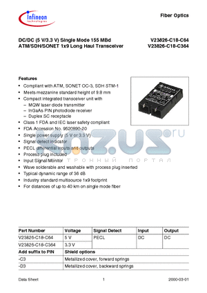 V23826-C18-C64 datasheet - DC/DC (5 V/3.3 V) Single Mode 155 MBd ATM/SDH/SONET 1x9 Long Haul Transceiver