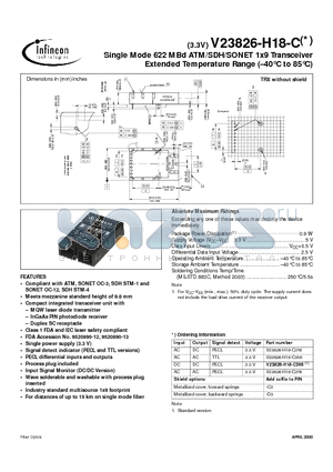 V23826-H18-C376 datasheet - Single Mode 622 MBd ATM/SDH/SONET 1x9 Transceiver Extended Temperature Range