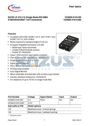 V23826-H18-C363 datasheet - DC/DC (5 V/3.3 V) Single Mode 622 MBd ATM/SDH/SONET 1x9 Transceiver