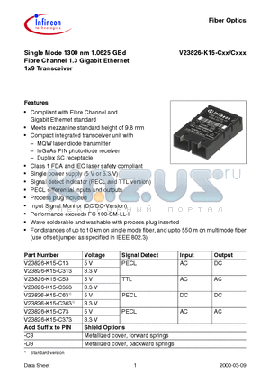 V23826-K15-C313 datasheet - Single Mode 1300 nm 1.0625 GBd Fibre Channel 1.3 Gigabit Ethernet 1x9 Transceiver