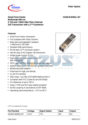 V23818-M305-L57 datasheet - Small Form Factor Multimode 850 nm 2.125 and 1.0625 GBd Fibre Channel 2x5 Transceiver with LC Connector