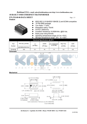 TS140-06 datasheet - 10 BASE-T SMD ETHERNET TRANSFORMER