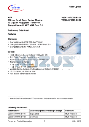 V23833-F0005-B101 datasheet - XFP850 nm Small Form Factor Module 10 Gigabit Pluggable Transceiver Compatible with XFP MSA Rev. 3.1