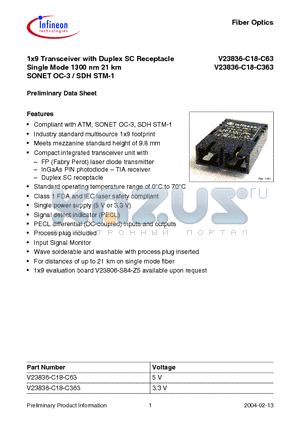 V23836-C18-C63 datasheet - 1x9 Transceiver with Duplex SC Receptacle Single Mode 1300 nm 21 km SONET OC-3 / SDH STM-1