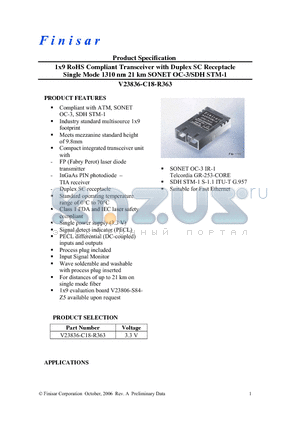 V23836-C18-R363 datasheet - 1x9 RoHS Compliant Transceiver with Duplex SC Receptacle Single Mode 1310 nm 21 km SONET OC-3/SDH STM-1