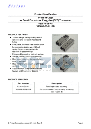 V23838-S5-N1 datasheet - Press-fit Cage for Small Form-factor Pluggable (SFP) Transceiver