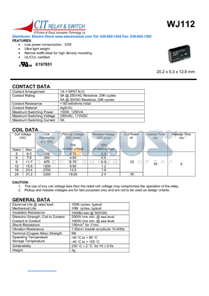 WJ1121AS12VDC datasheet - CIT SWITCH