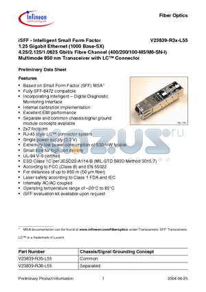 V23839-R35-L55 datasheet - iSFF - Intelligent Small Form Factor 1.25 Gigabit Ethernet 4.25/2.125/1.0625 Gbit/s Fibre Channel Multimode 850 nm Transceiver with LC Connector