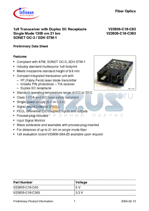 V23836-C18-C363 datasheet - 1x9 Transceiver with Duplex SC Receptacle Single Mode 1300 nm 21 km SONET OC-3 / SDH STM-1